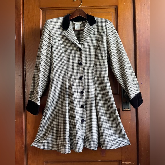 Vintage 90s Benson and Smith Plaid w/ Velvet Trim button-down fitn-flair coat s9 - Picture 3 of 11